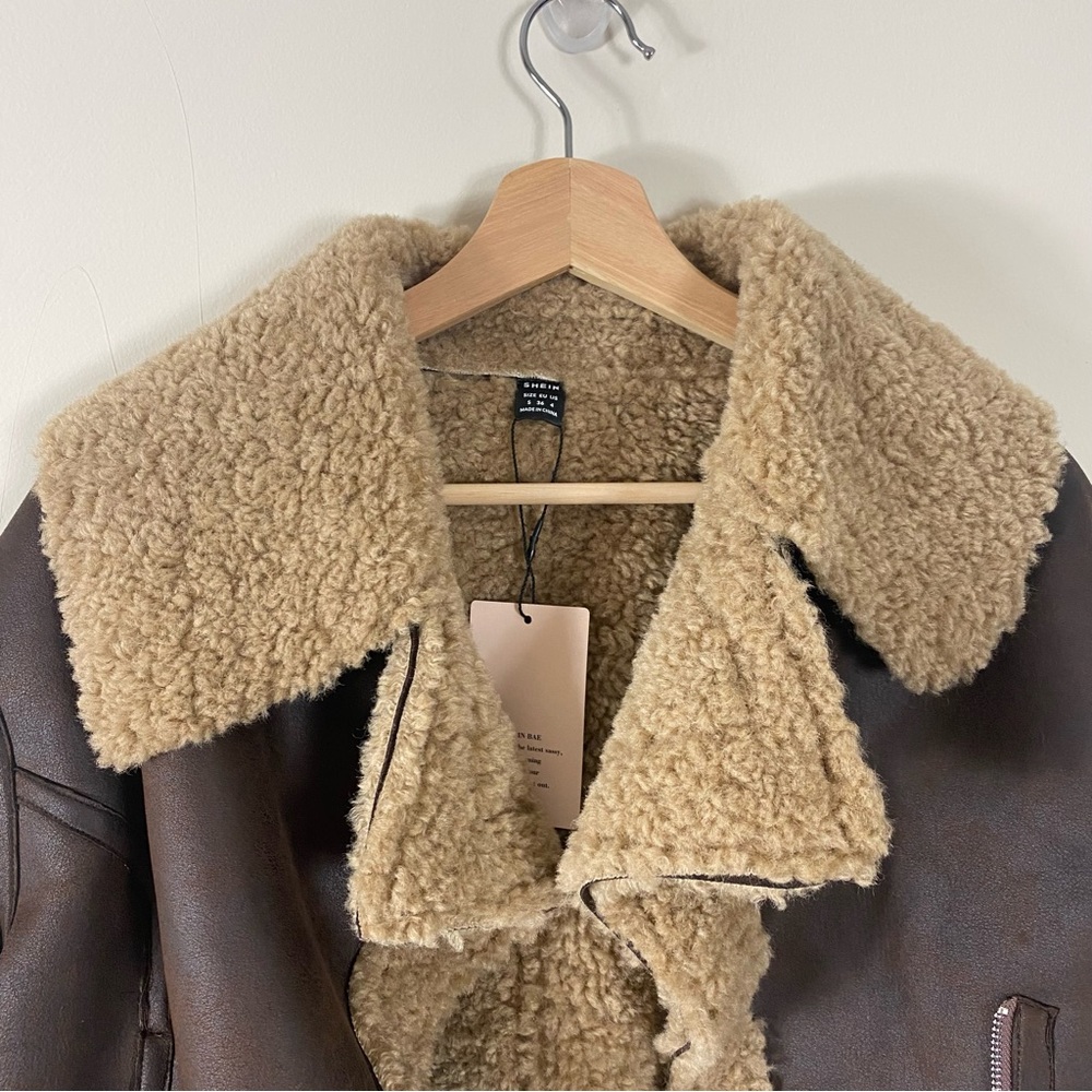 SHEIN X Carly Lawrence Khaki Fluffy Faux Shearling Jacket Brown - US 4/S - Picture 9 of 16